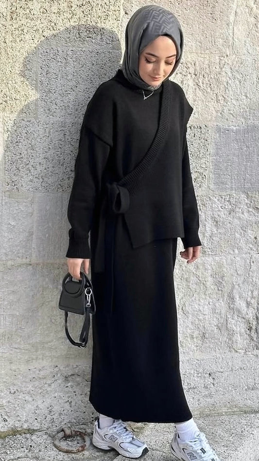 Yelekli triko elbise Siyah