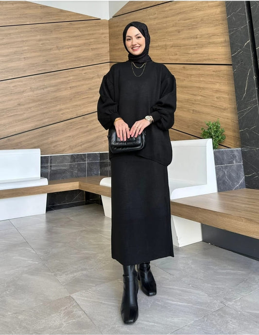 Oversize Tunika Rock Strick Zweiteiler schwarz