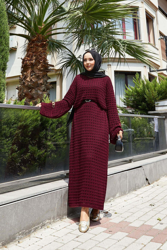 File Detaylı Triko Elbise Bordo