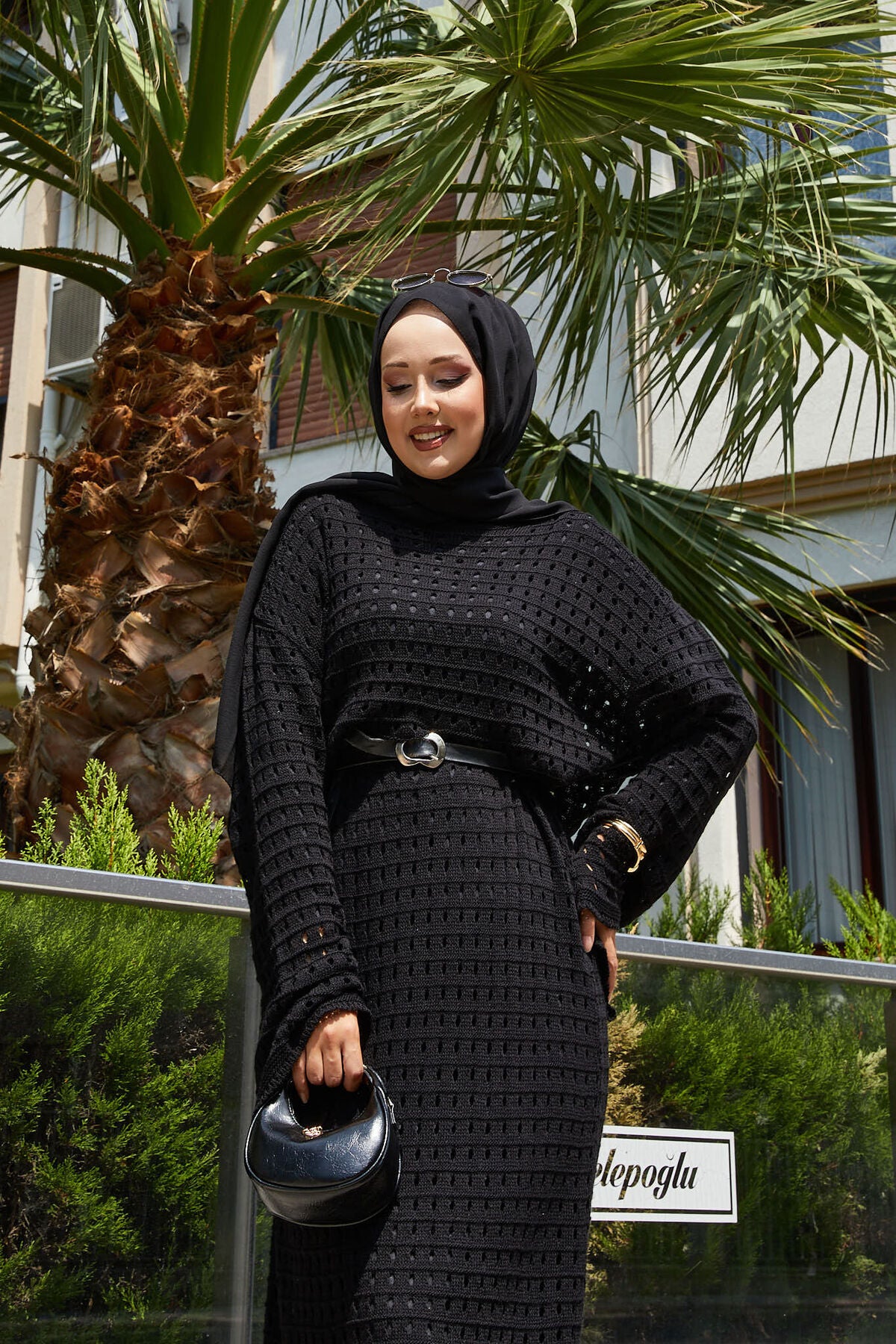 File Detaylı Triko Elbise Siyah