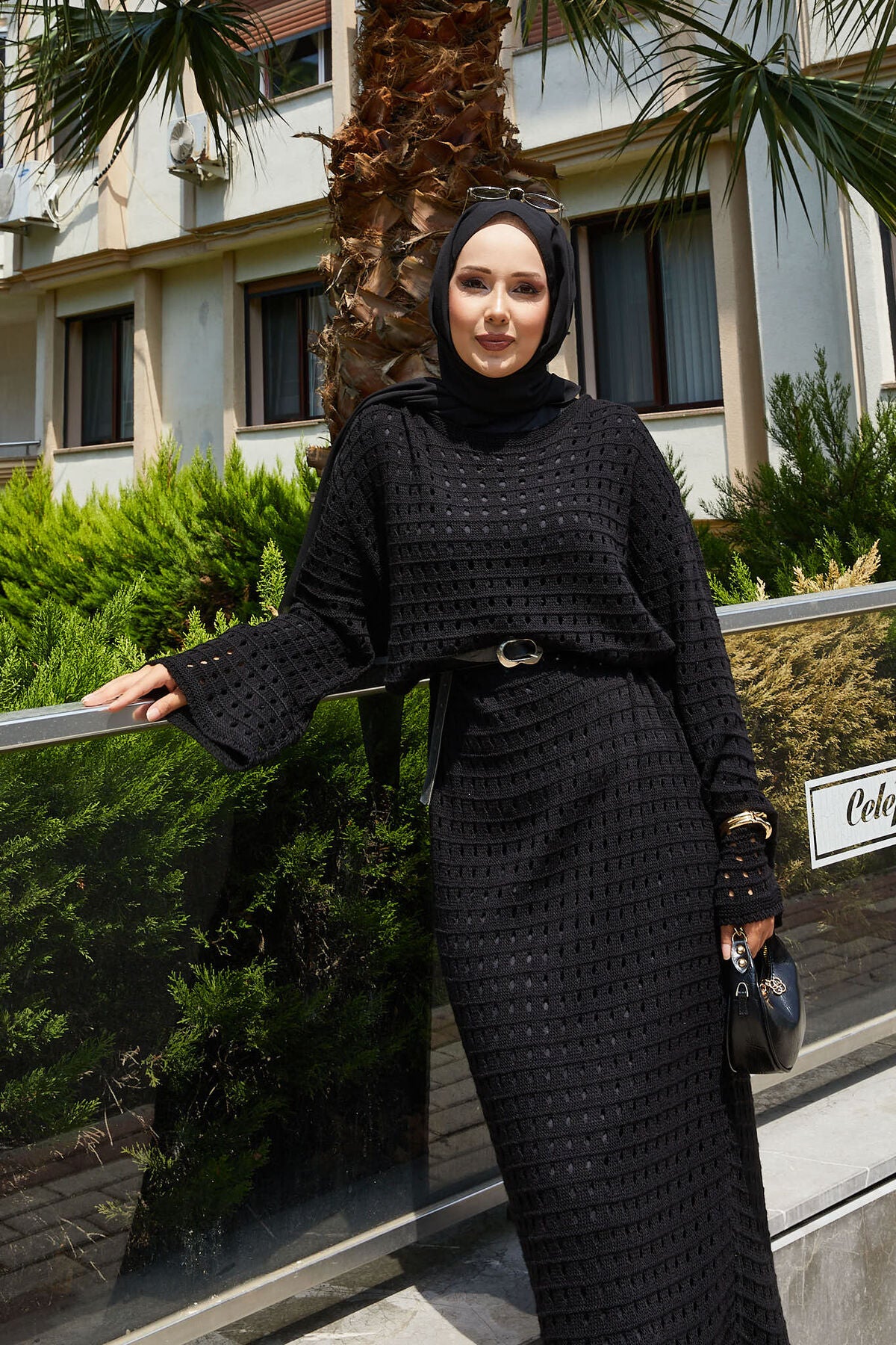 File Detaylı Triko Elbise Siyah