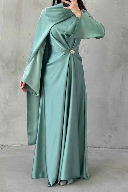 Broş Detaylı Saten  Abiye mint yeşili