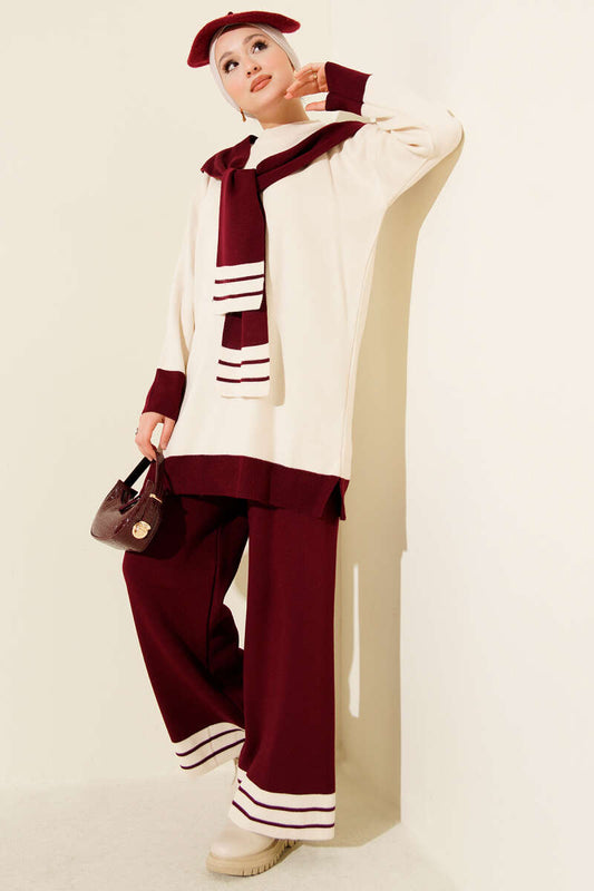 Ensemble tricoté double avec détail de bande à col montant bordeaux