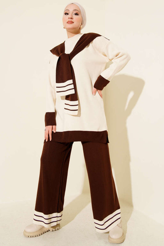 Atkılı Şerit Detaylı Triko İkili Takım kahverengi