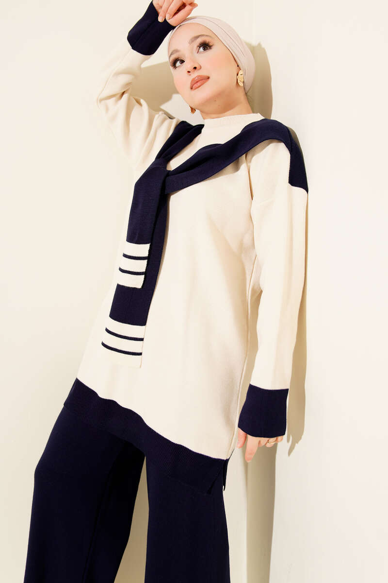 Atkılı Şerit Detaylı Triko İkili Takım Lacivert