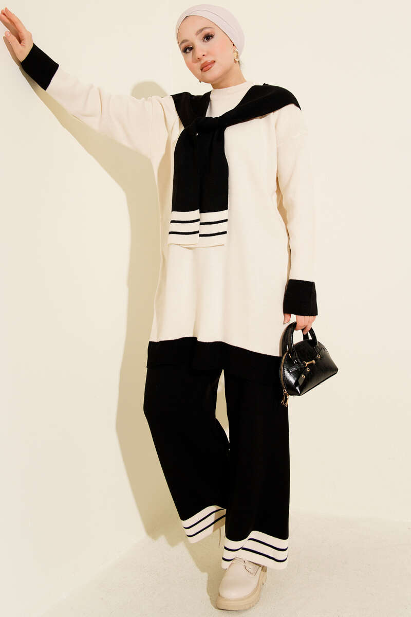 Atkılı Şerit Detaylı Triko İkili Takım siyah