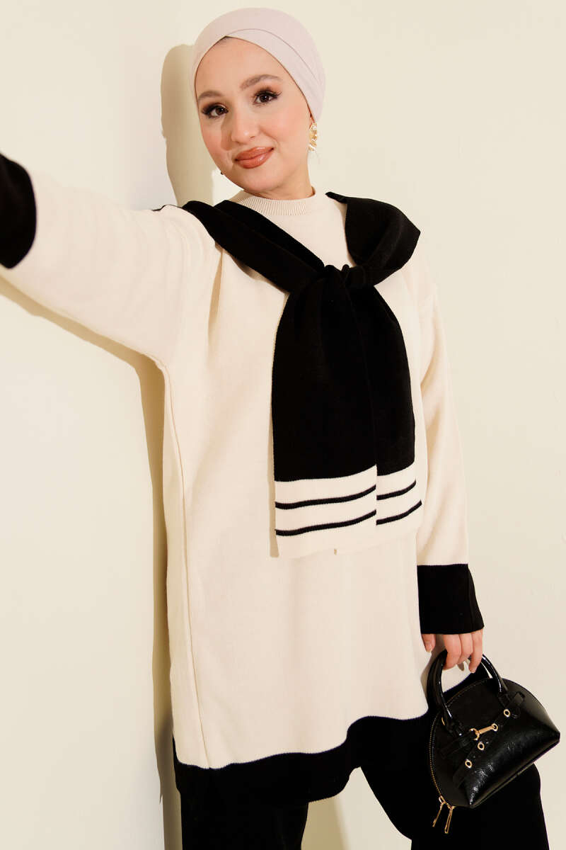 Atkılı Şerit Detaylı Triko İkili Takım siyah