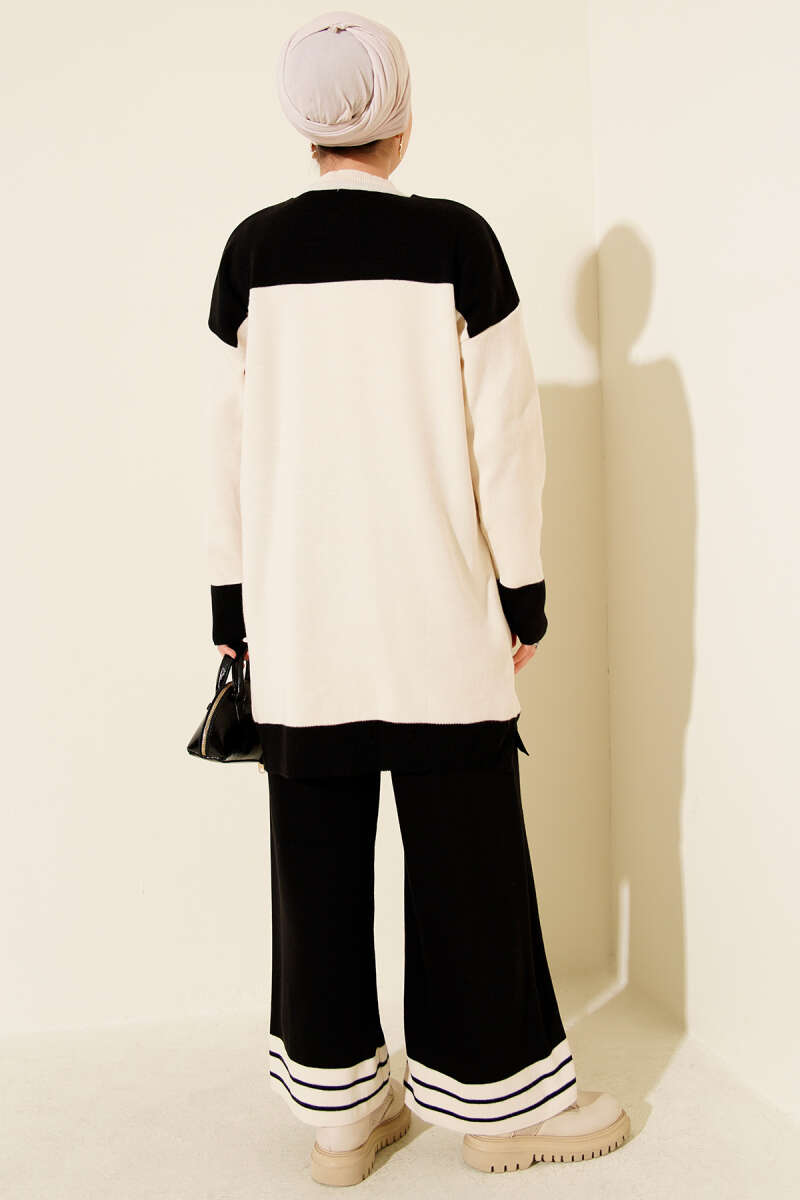 Atkılı Şerit Detaylı Triko İkili Takım siyah