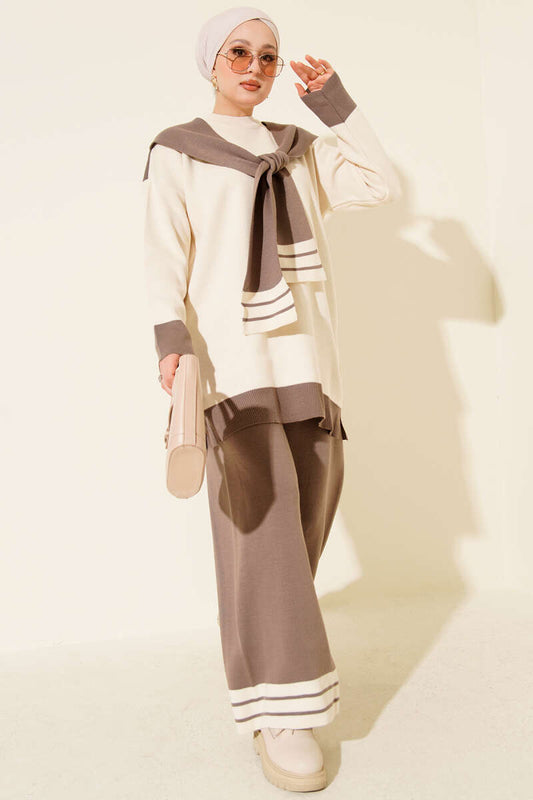 Atkılı Şerit Detaylı Triko İkili Takım vizon