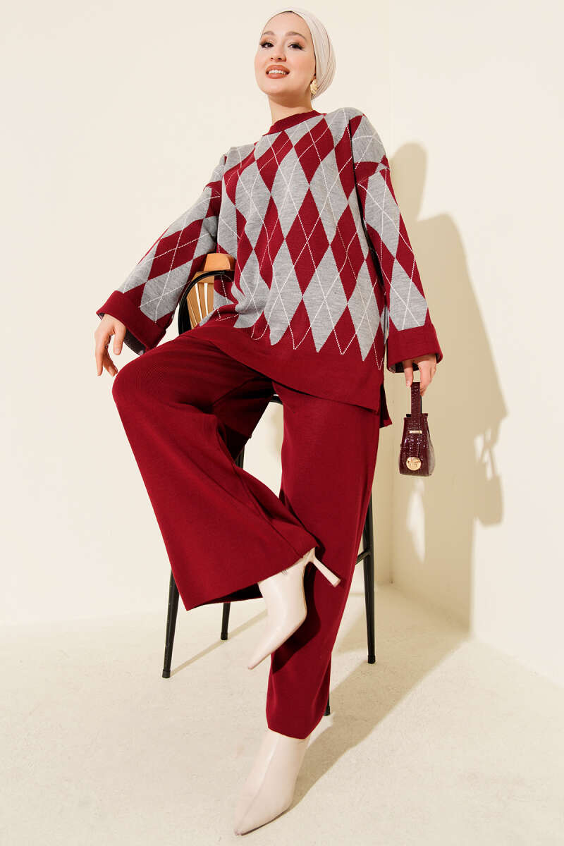 Baklava Desen Triko Tunik İkili Takım bordo