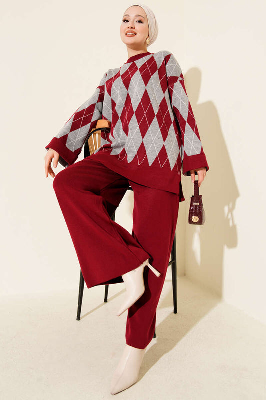 Baklava Desen Triko Tunik İkili Takım bordo