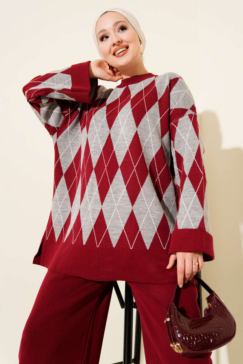 Baklava Desen Triko Tunik İkili Takım bordo