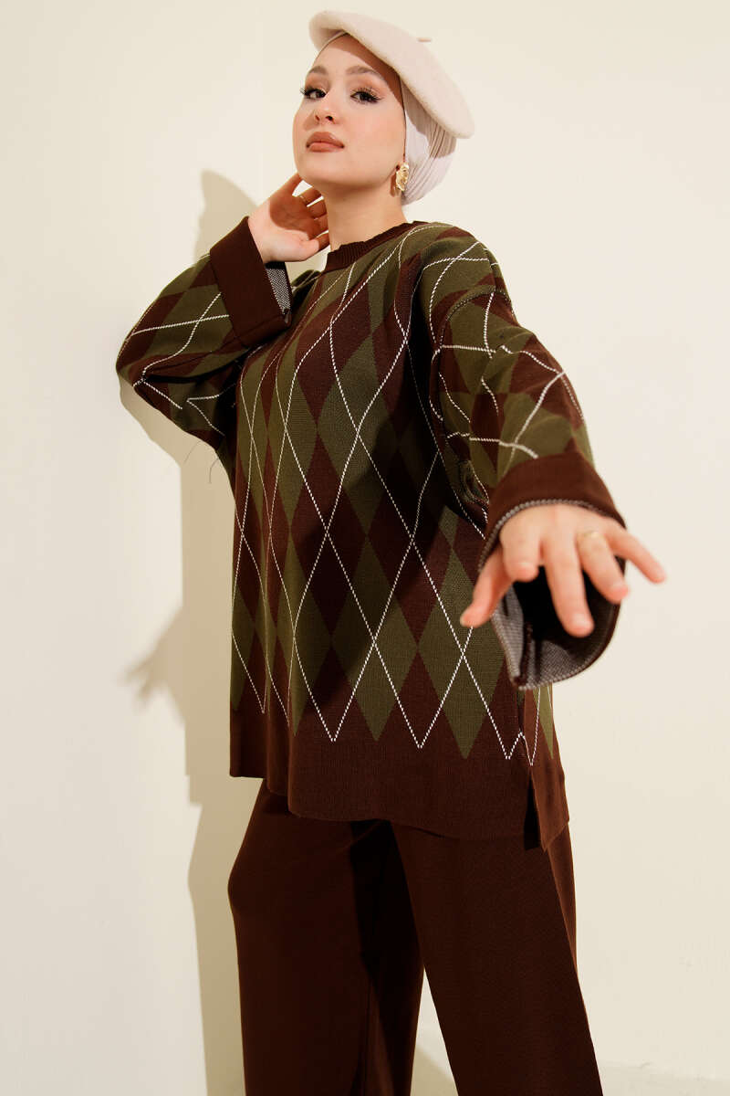 Baklava Desen Triko Tunik İkili Takım kahverengi