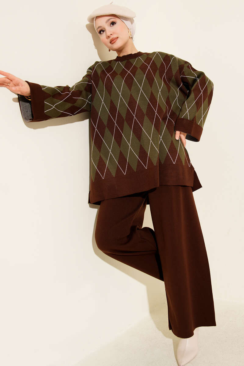 Baklava Desen Triko Tunik İkili Takım kahverengi