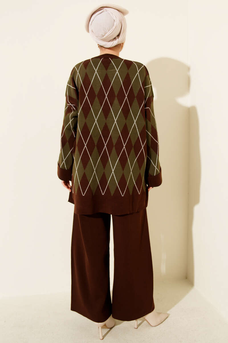 Baklava Desen Triko Tunik İkili Takım kahverengi