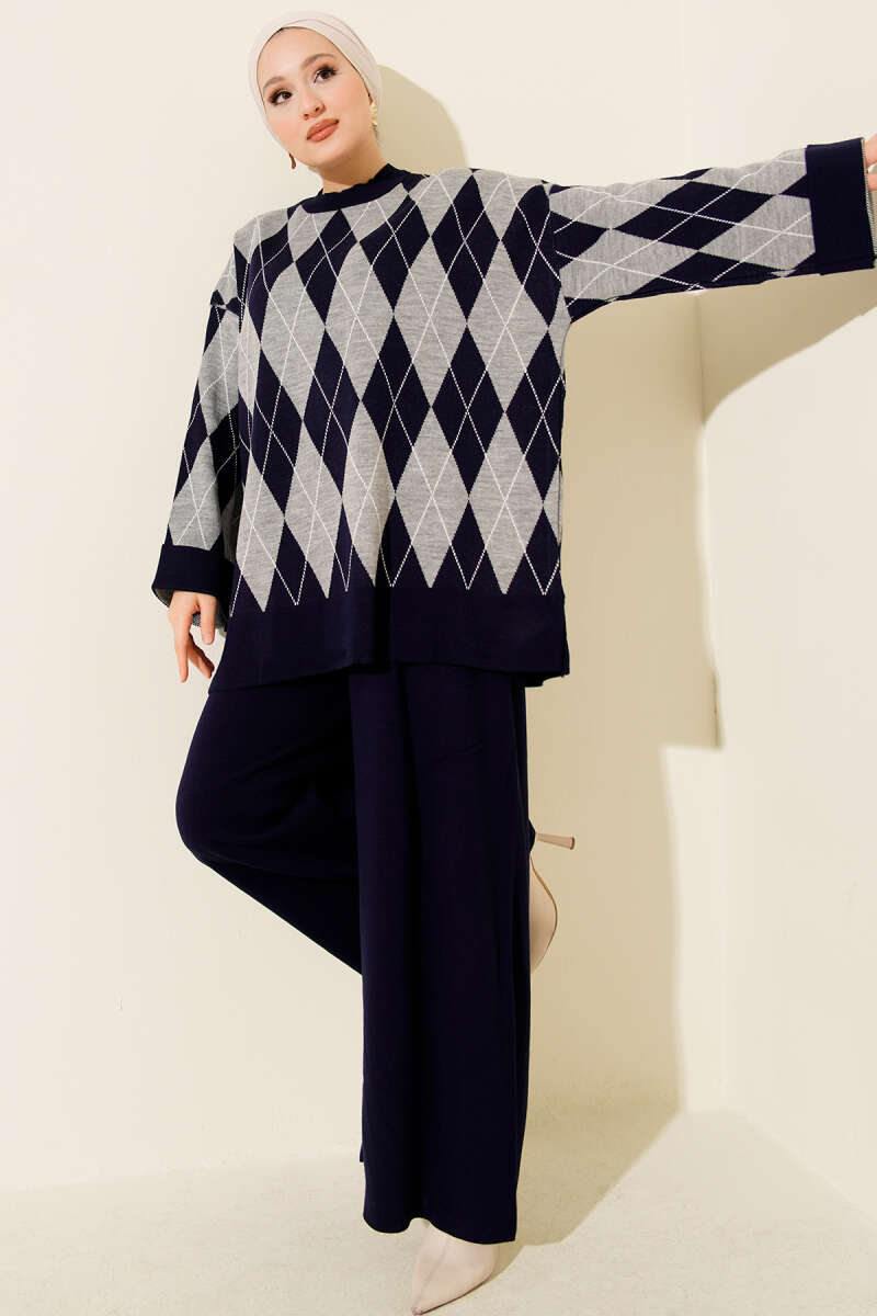 Baklava Desen Triko Tunik İkili Takım Lacivert