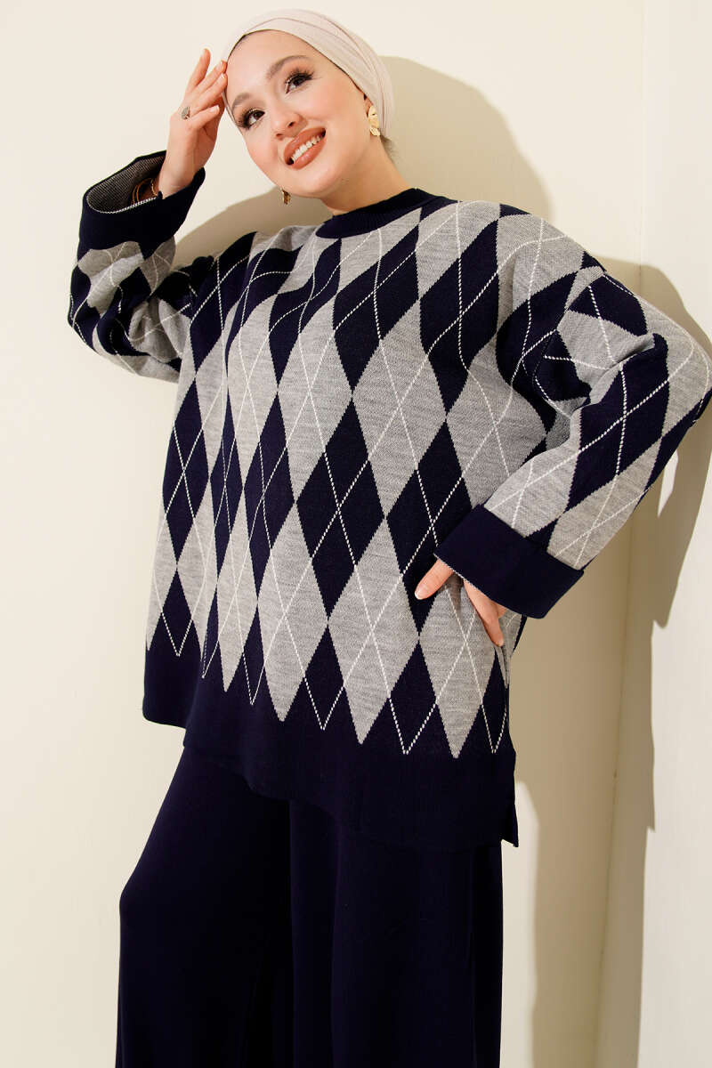 Baklava Desen Triko Tunik İkili Takım Lacivert