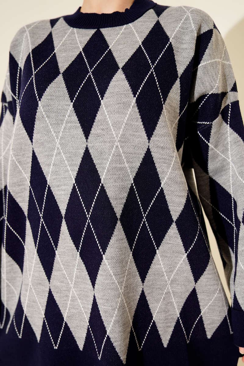 Baklava Desen Triko Tunik İkili Takım Lacivert