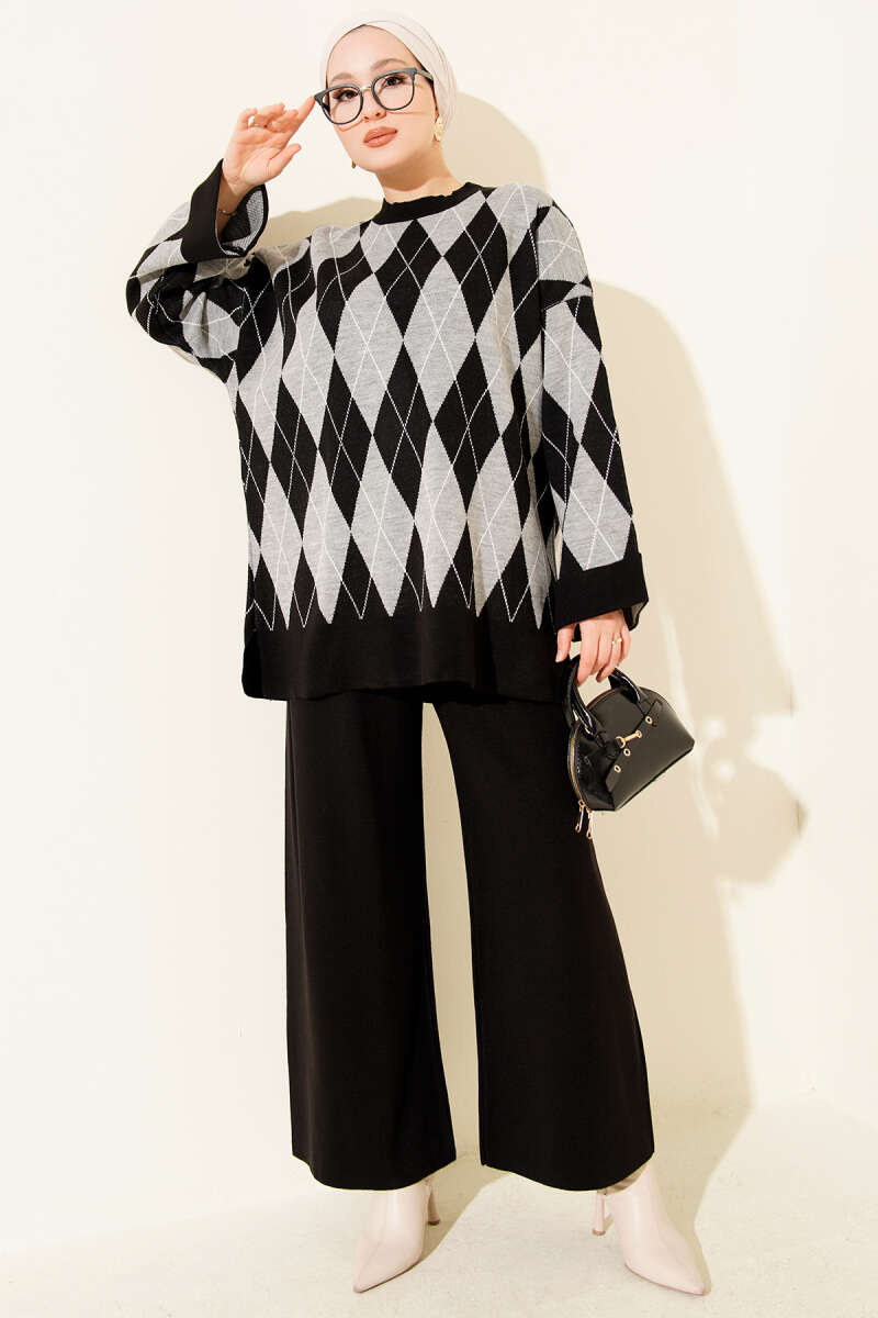 Baklava Desen Triko Tunik İkili Takım siyah