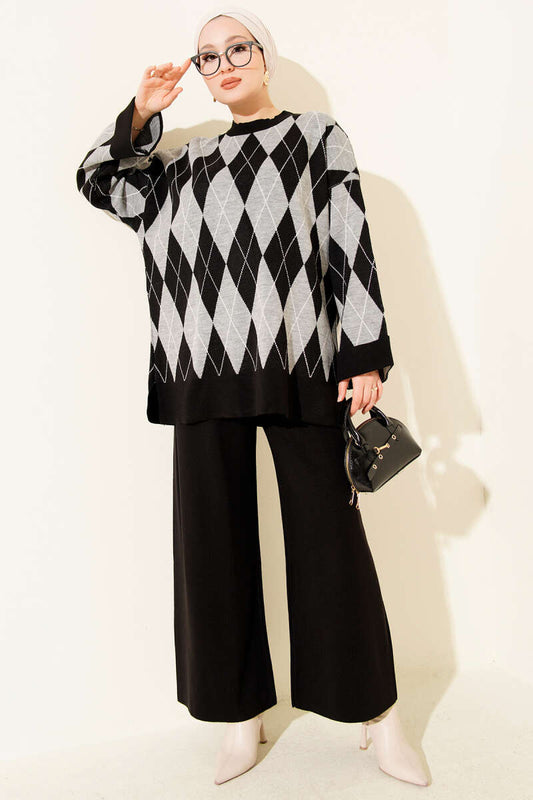 Baklava Desen Triko Tunik İkili Takım siyah