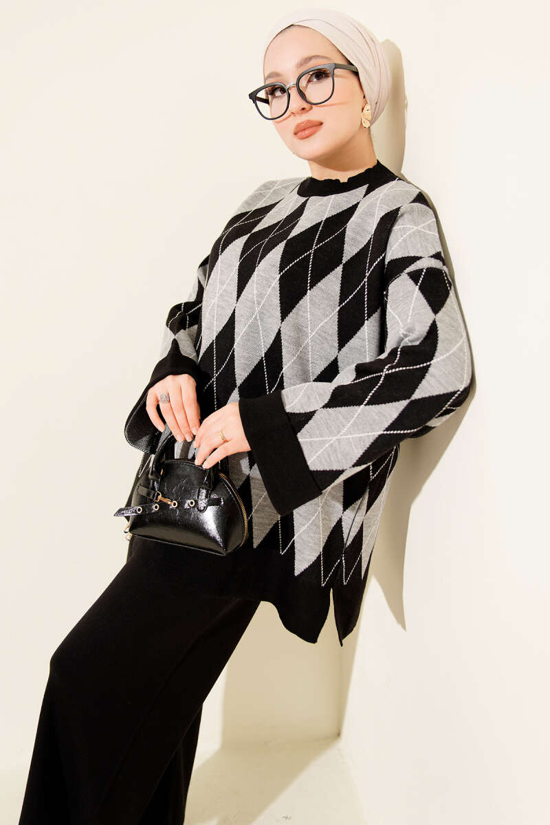 Baklava Desen Triko Tunik İkili Takım siyah