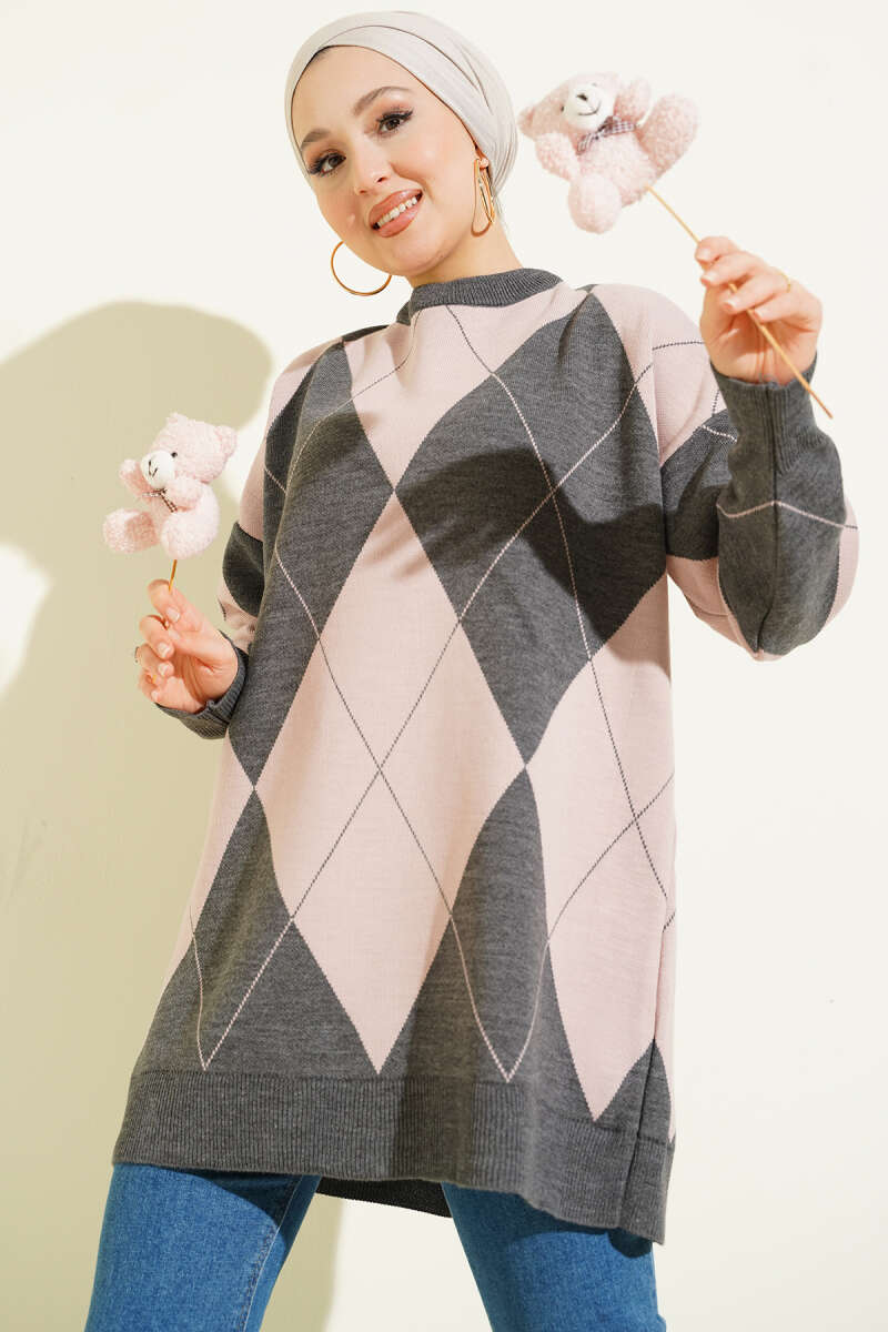 Baklava Desenli Basic Triko Tunik Füme