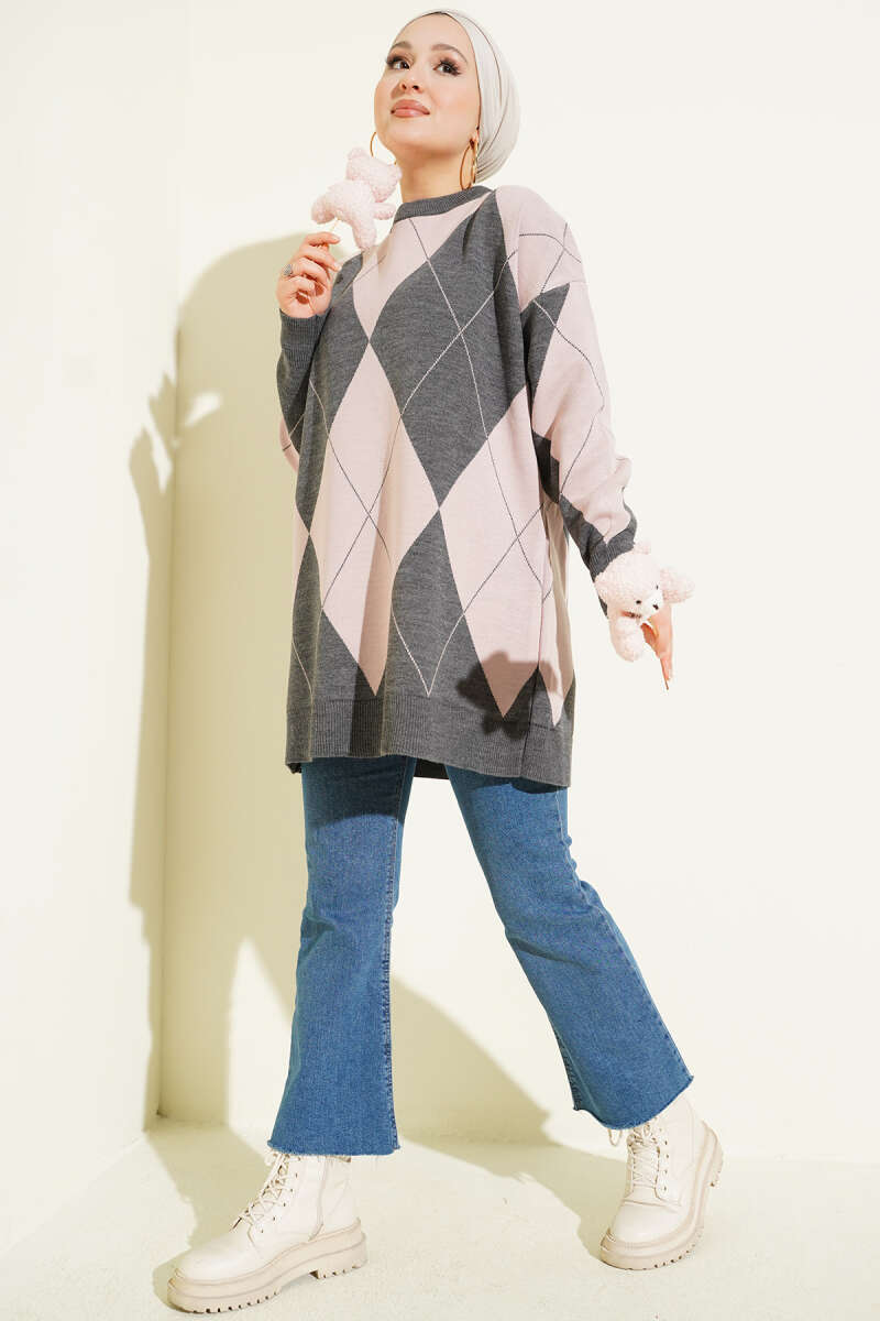 Baklava Desenli Basic Triko Tunik Füme