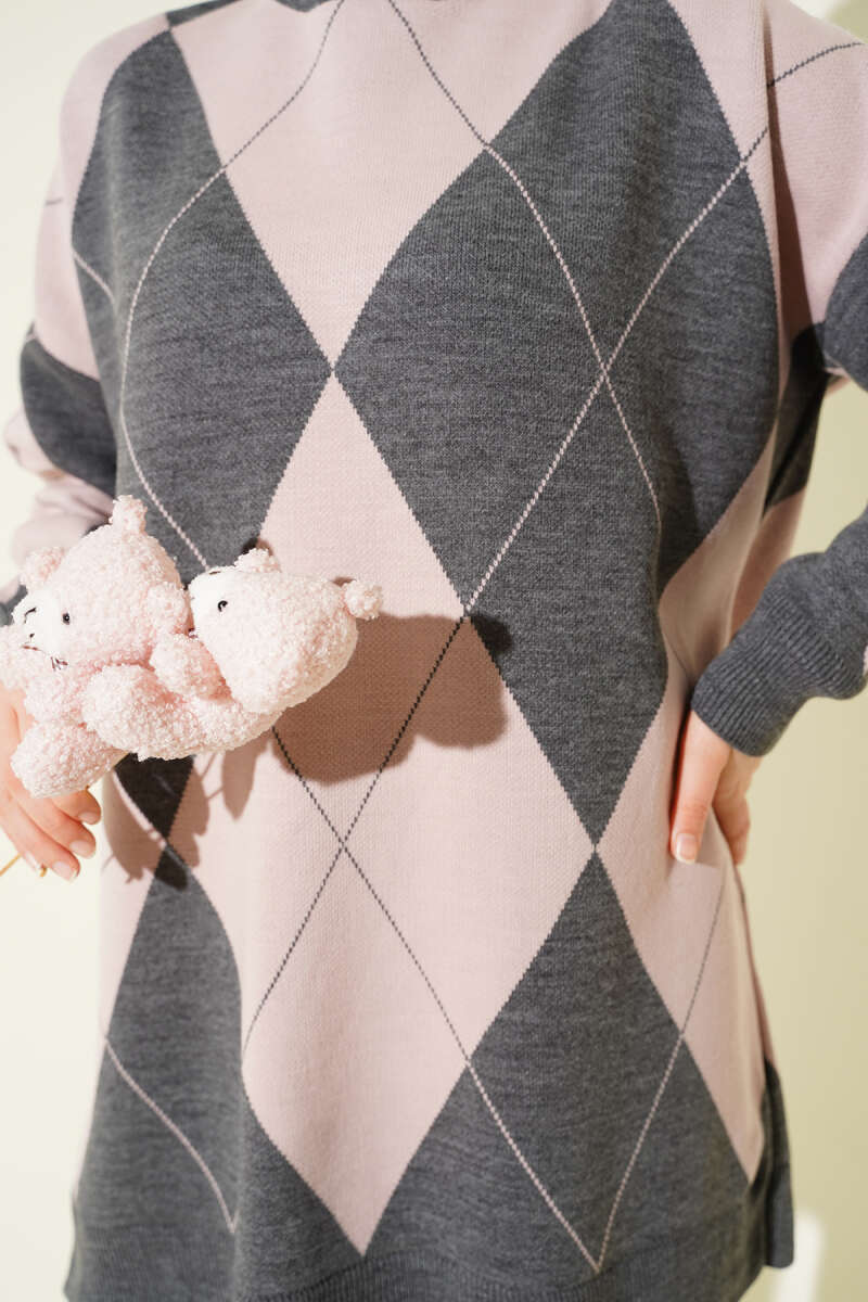 Baklava Desenli Basic Triko Tunik Füme