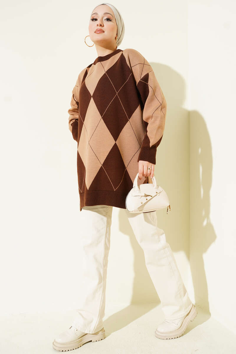 Baklava Desenli Basic Triko Tunik kahverengi