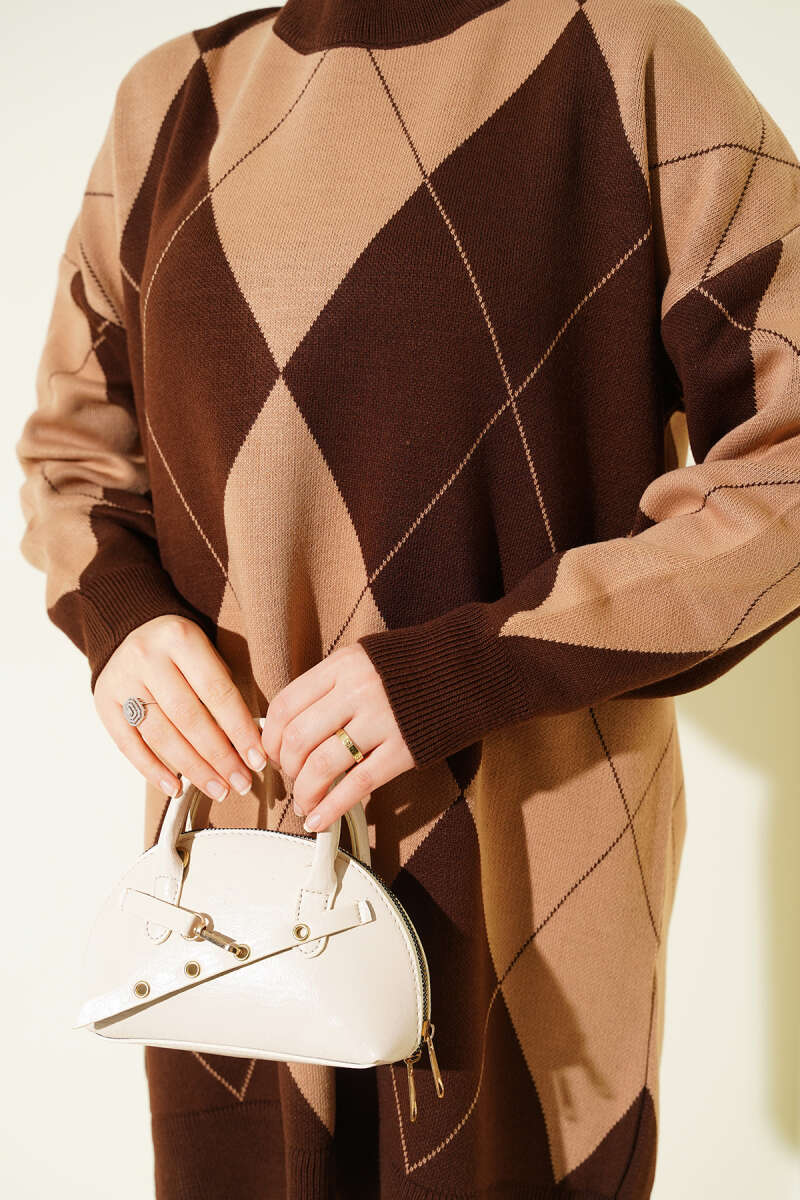 Baklava Desenli Basic Triko Tunik kahverengi