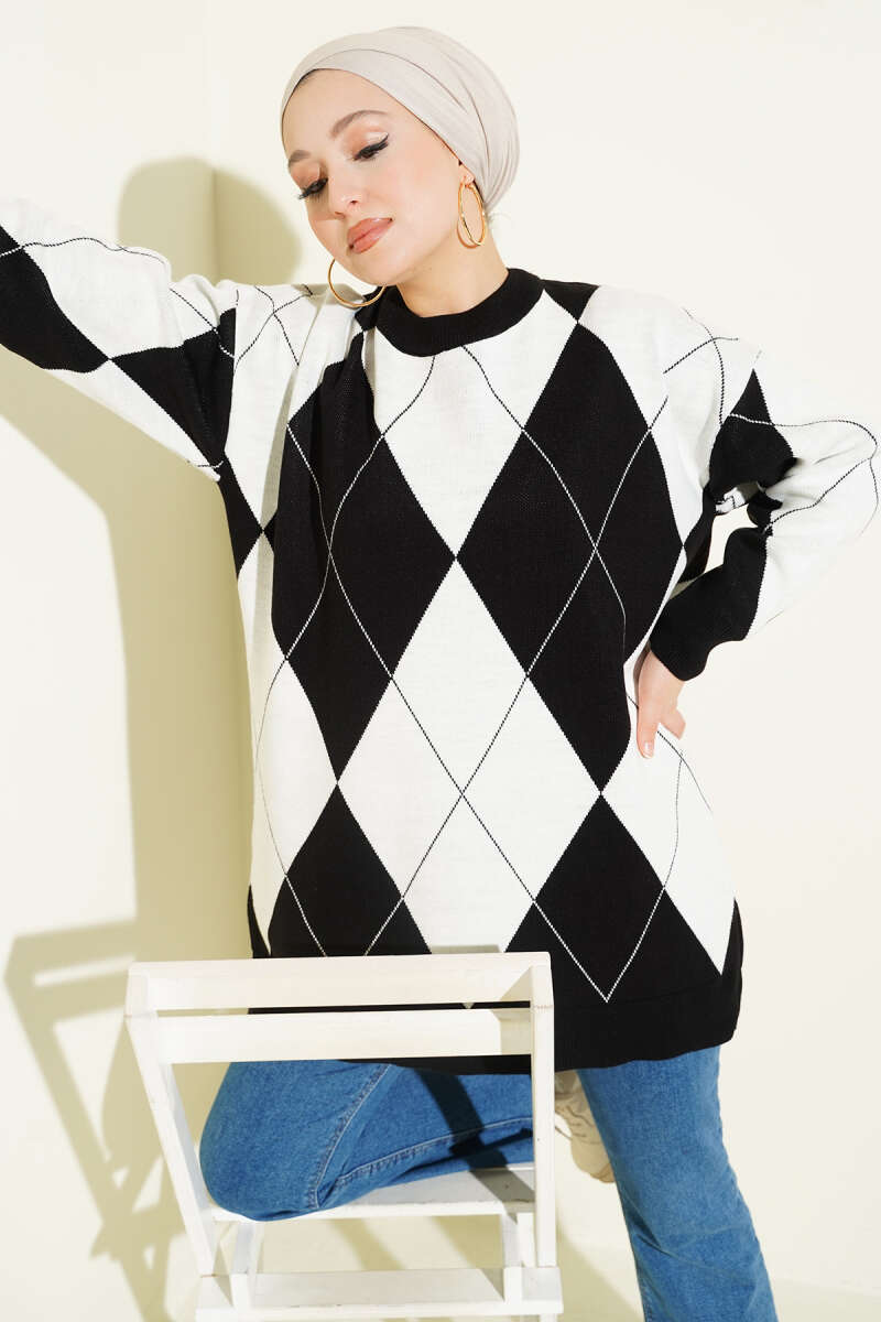 Baklava Desenli Basic Triko Tunik siyah