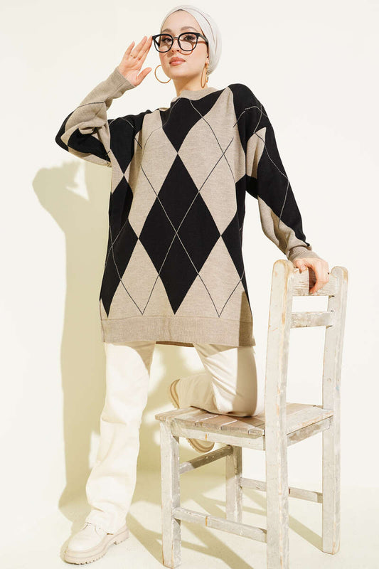 Baklava Desenli Basic Triko Tunik vizon