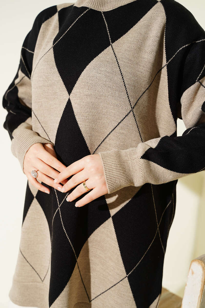 Baklava Desenli Basic Triko Tunik vizon