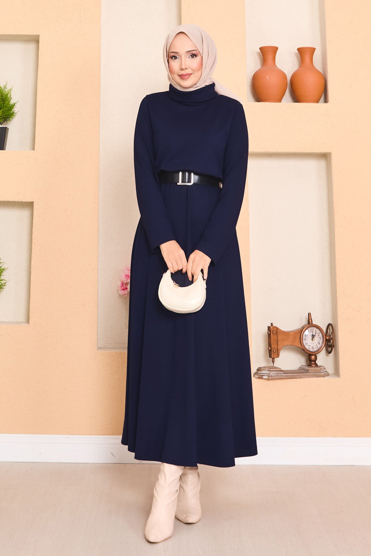 White Drawstring Dress Navy Blue