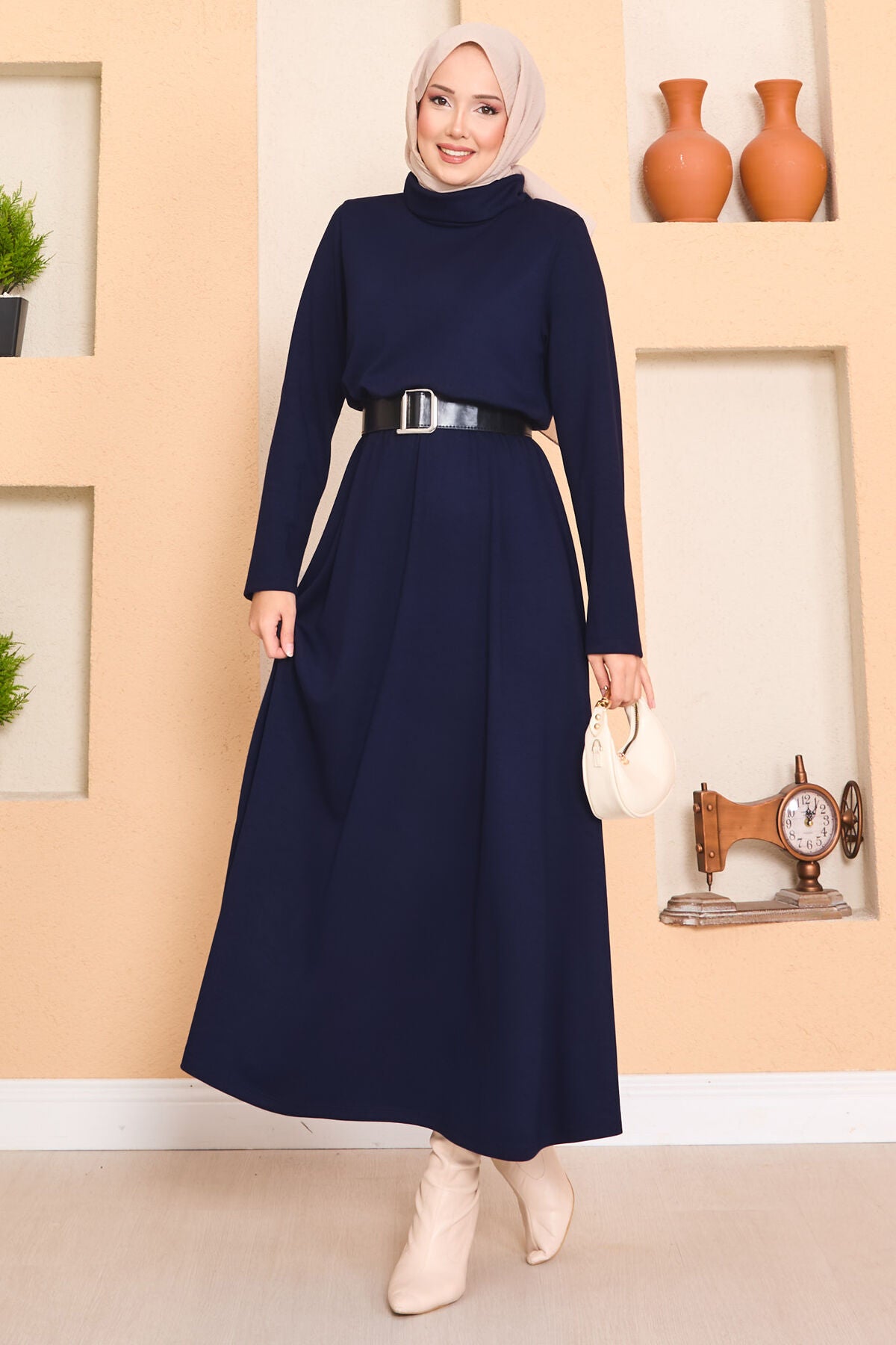 White Drawstring Dress Navy Blue