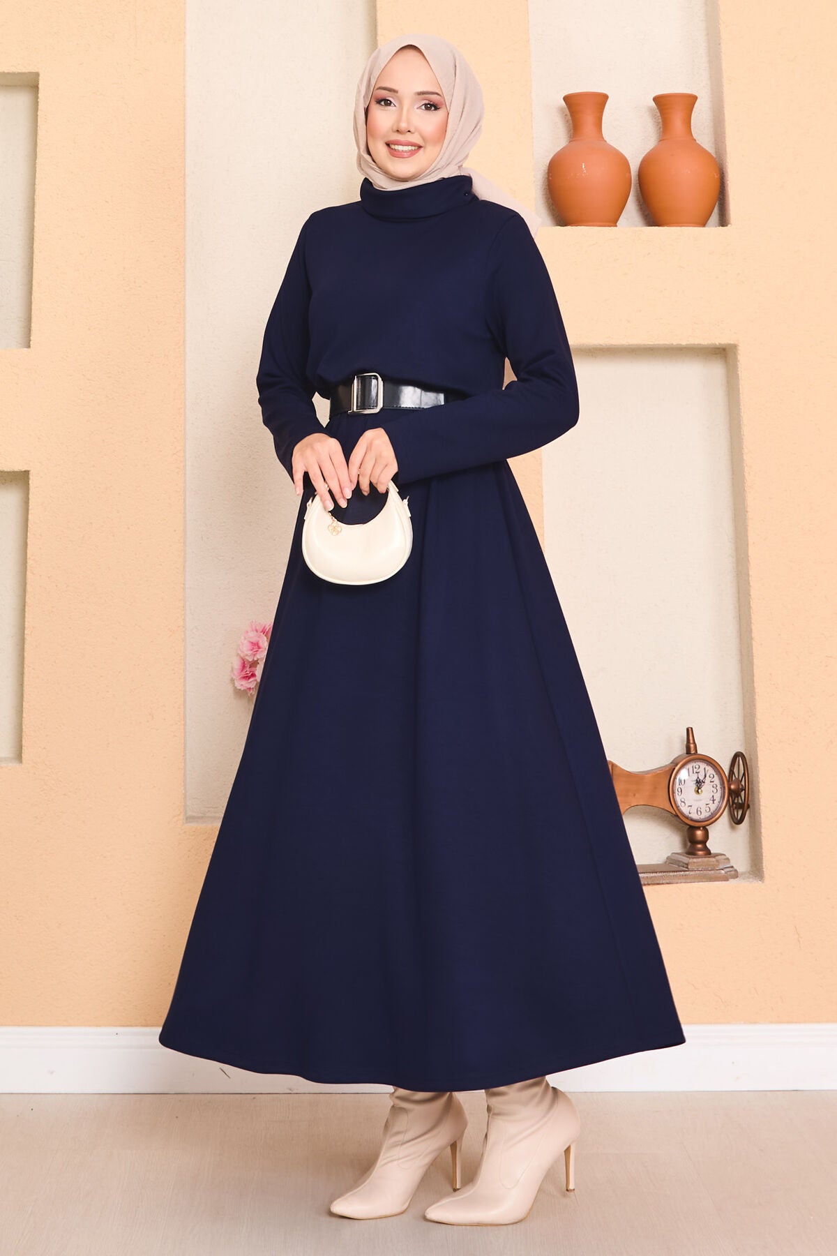 White Drawstring Dress Navy Blue