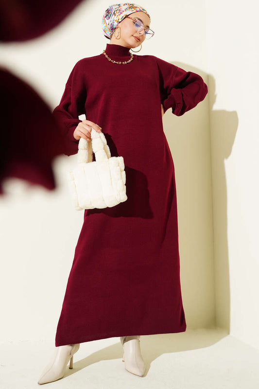 Balıkçı Yaka Düz Triko Elbise bordo