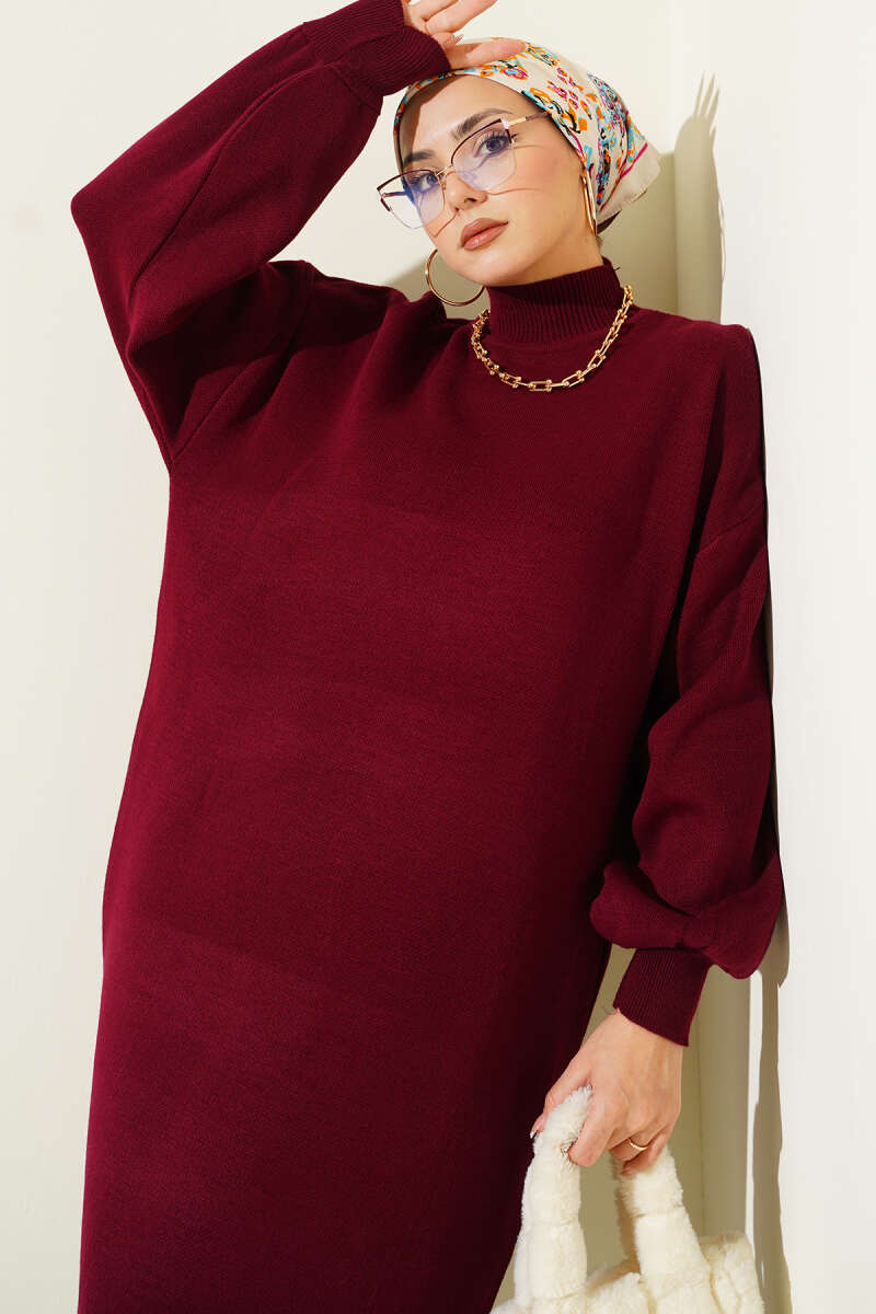 Balıkçı Yaka Düz Triko Elbise bordo