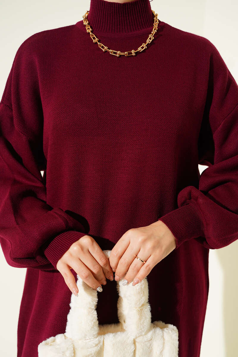 Balıkçı Yaka Düz Triko Elbise bordo