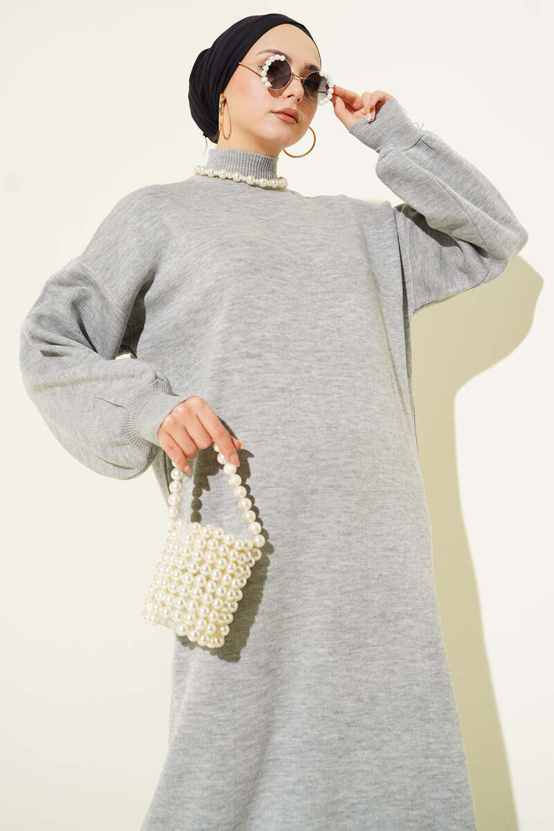 Balıkçı Yaka Düz Triko Elbise gri