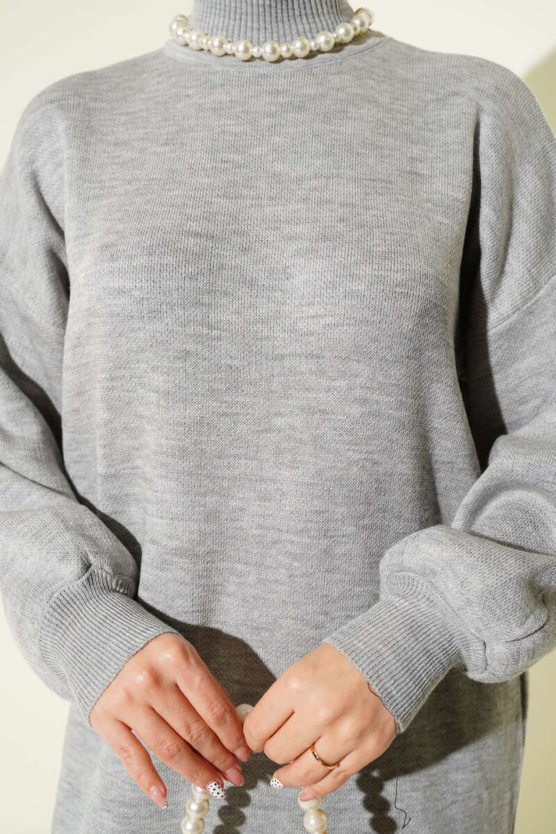 Balıkçı Yaka Düz Triko Elbise gri