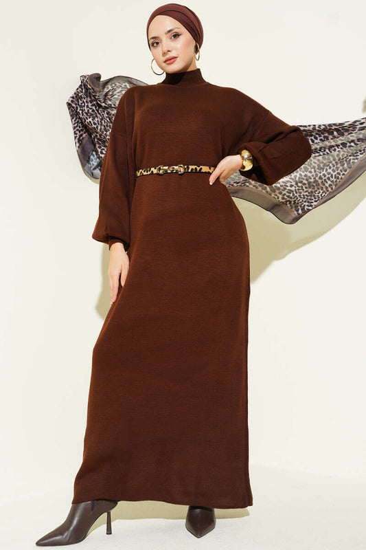 Balıkçı Yaka Düz Triko Elbise Kahverengi