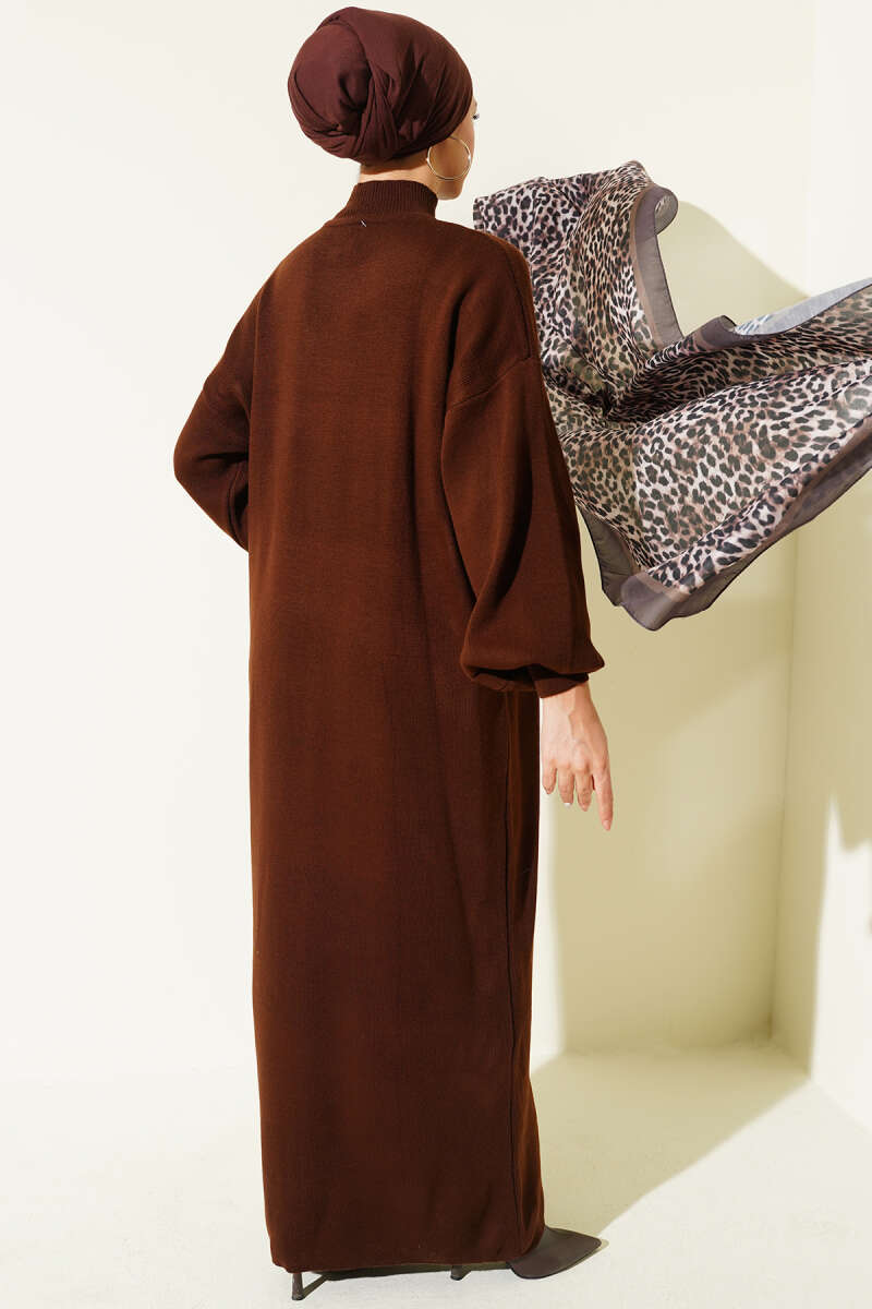 Balıkçı Yaka Düz Triko Elbise Kahverengi