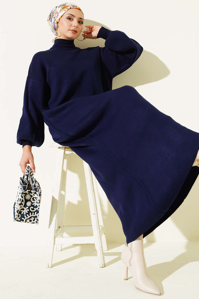 Robe en tricot uni col marin bleu marine