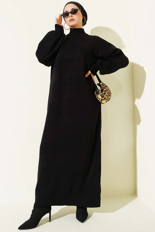 Balıkçı Yaka Düz Triko Elbise siyah