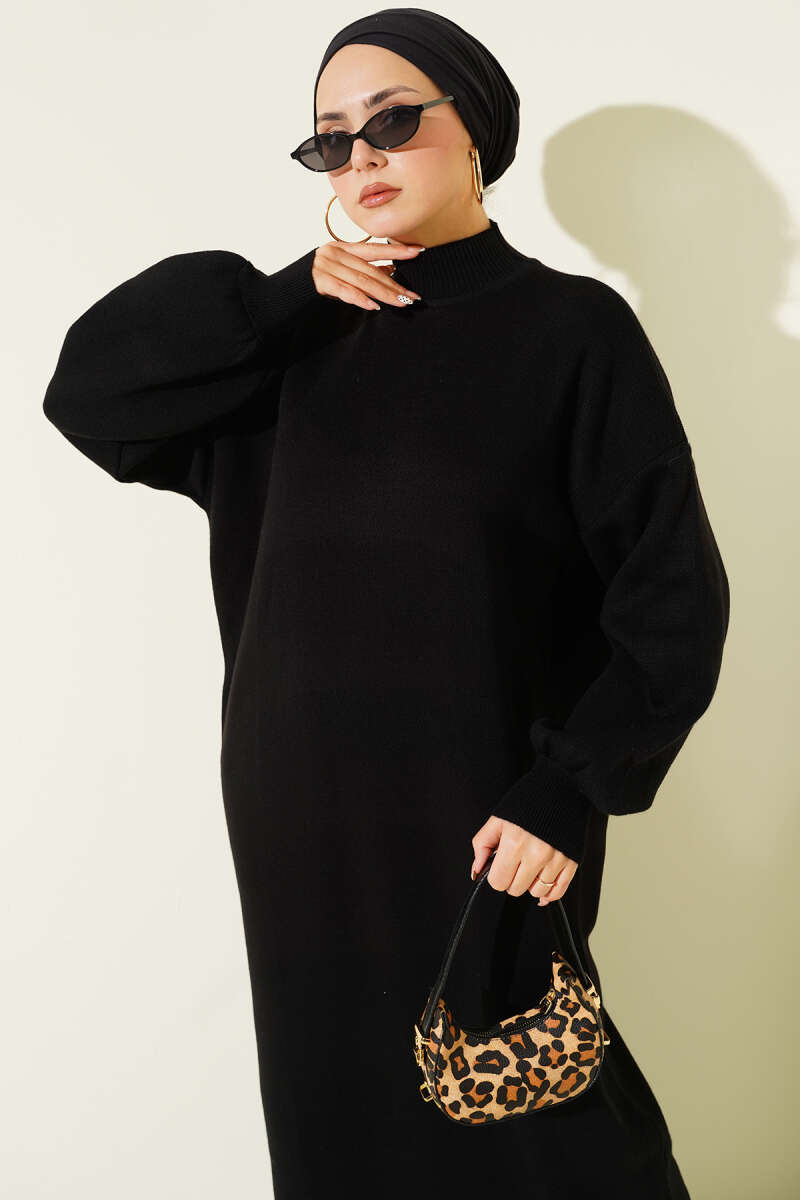 Balıkçı Yaka Düz Triko Elbise siyah