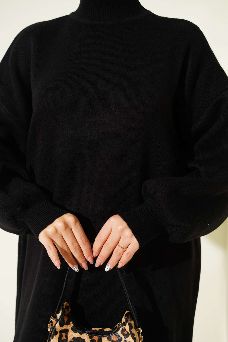 Balıkçı Yaka Düz Triko Elbise siyah