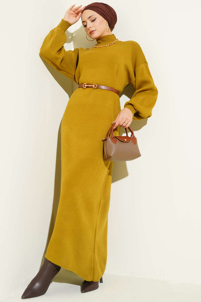 Balıkçı Yaka Düz Triko Elbise Yağ Yeşili