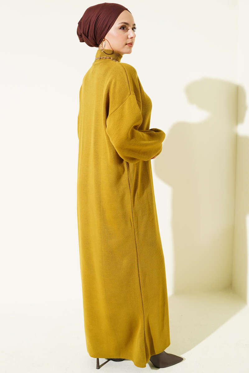 Balıkçı Yaka Düz Triko Elbise Yağ Yeşili