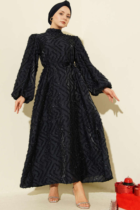 Balon Kol Sim Sakallı Abiye Elbise Lacivert